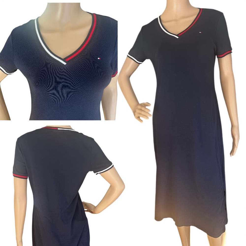 Tommy Hilfiger Navy midi dress 100% cotton sporty trim size small preppy classic